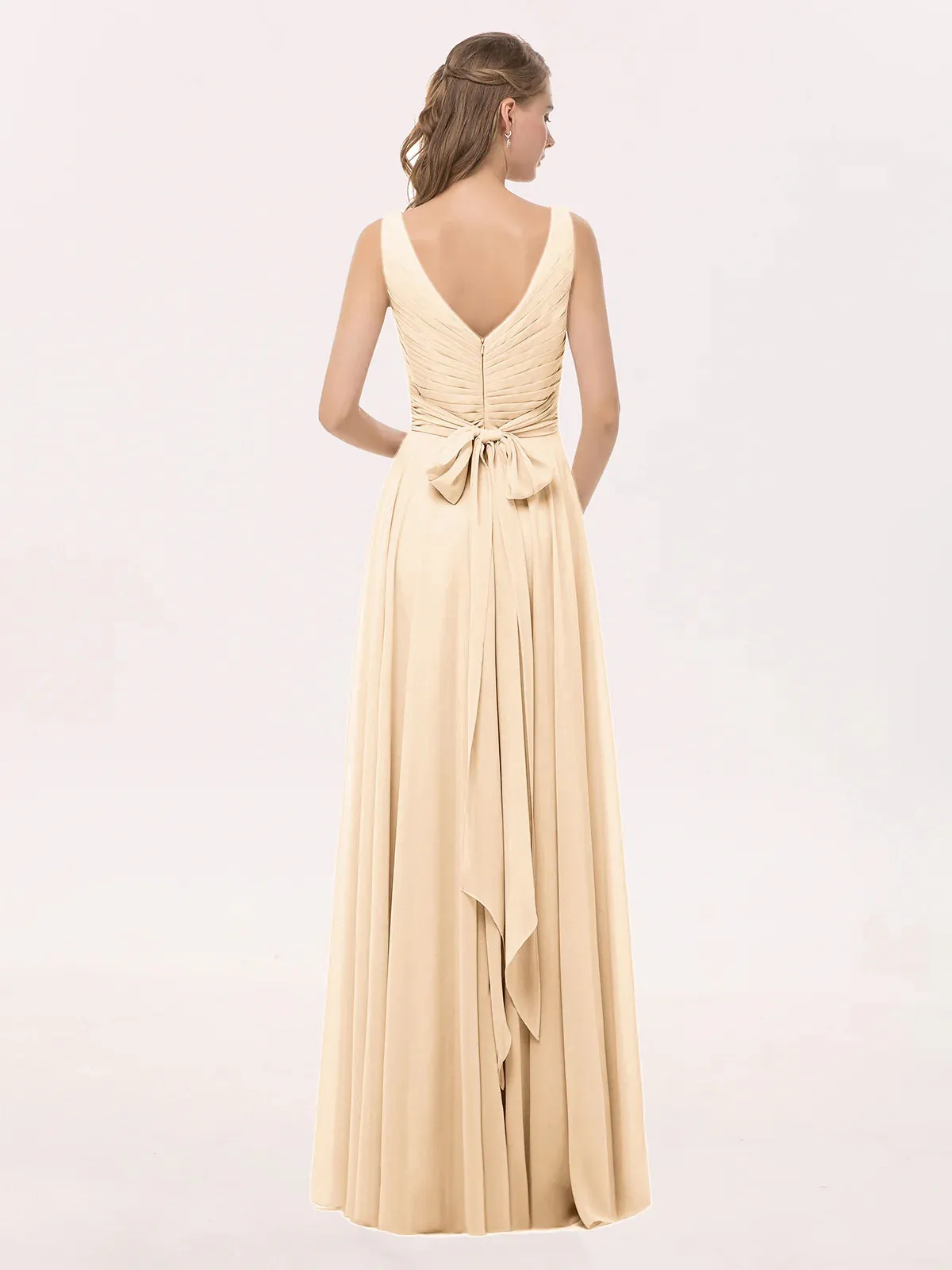 V Neck Long Floor-length Chiffon Dress Bridesmaid Dresses with Bow Peach
