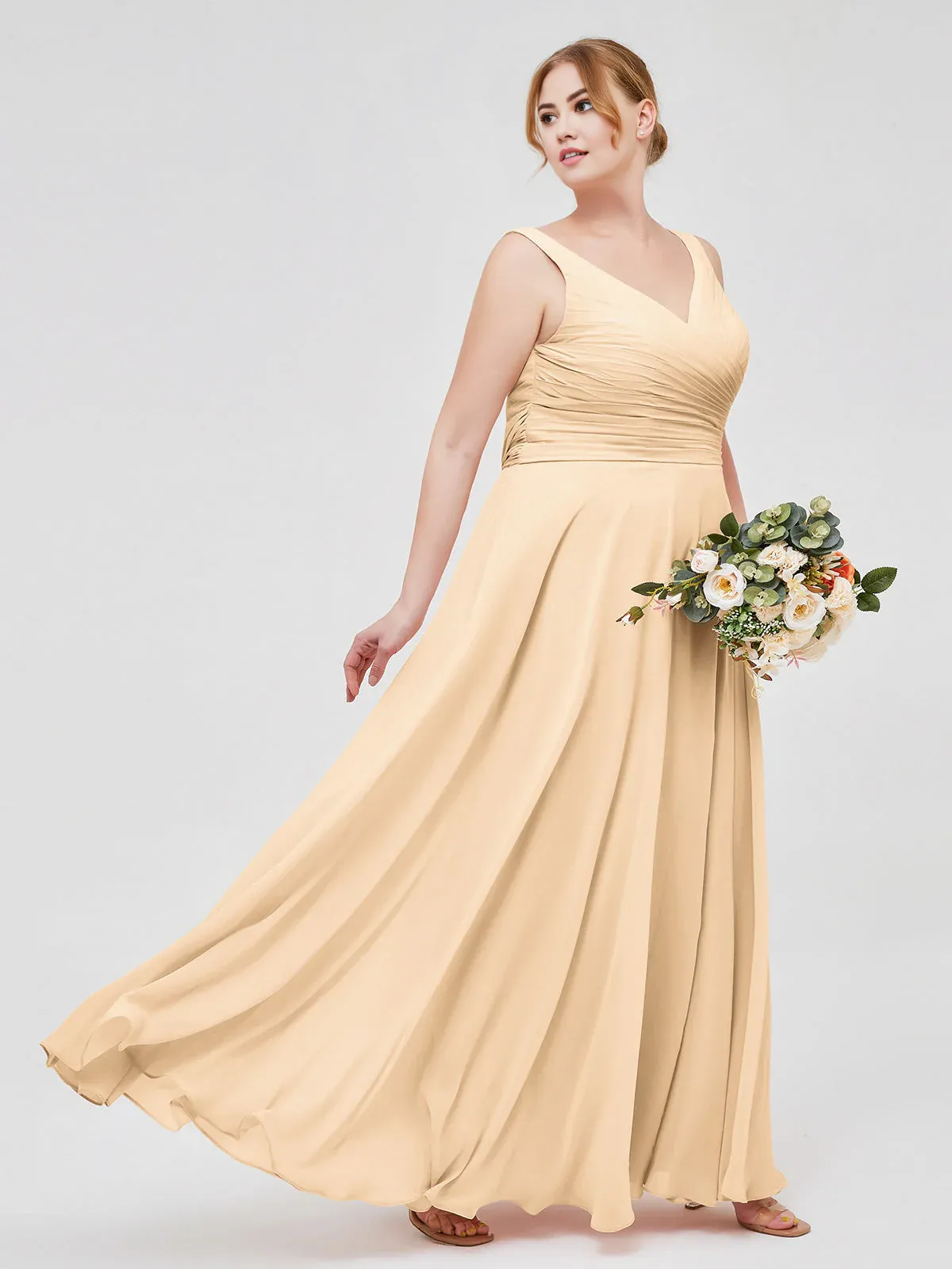 V Neck Long Floor-length Chiffon Dress Bridesmaid Dresses with Bow Peach
