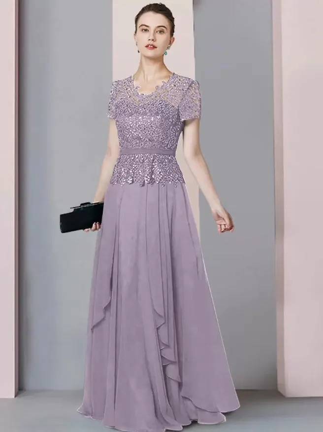 V-Neck Short Sleeves A-Line Lace Floor-Length Wedding Guest Dresses Mother of the Bride Dresse