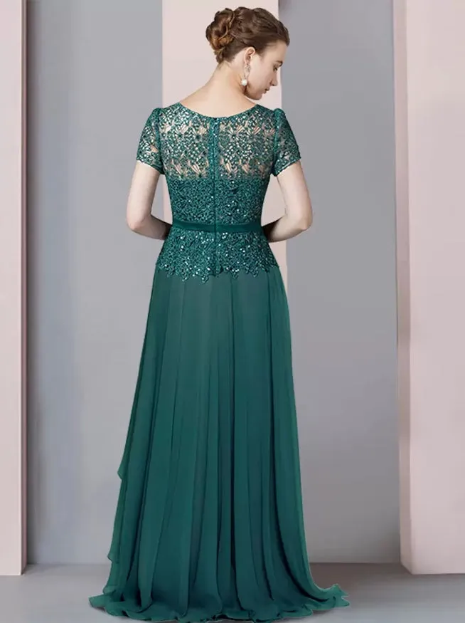 V-Neck Short Sleeves A-Line Lace Floor-Length Wedding Guest Dresses Mother of the Bride Dresse