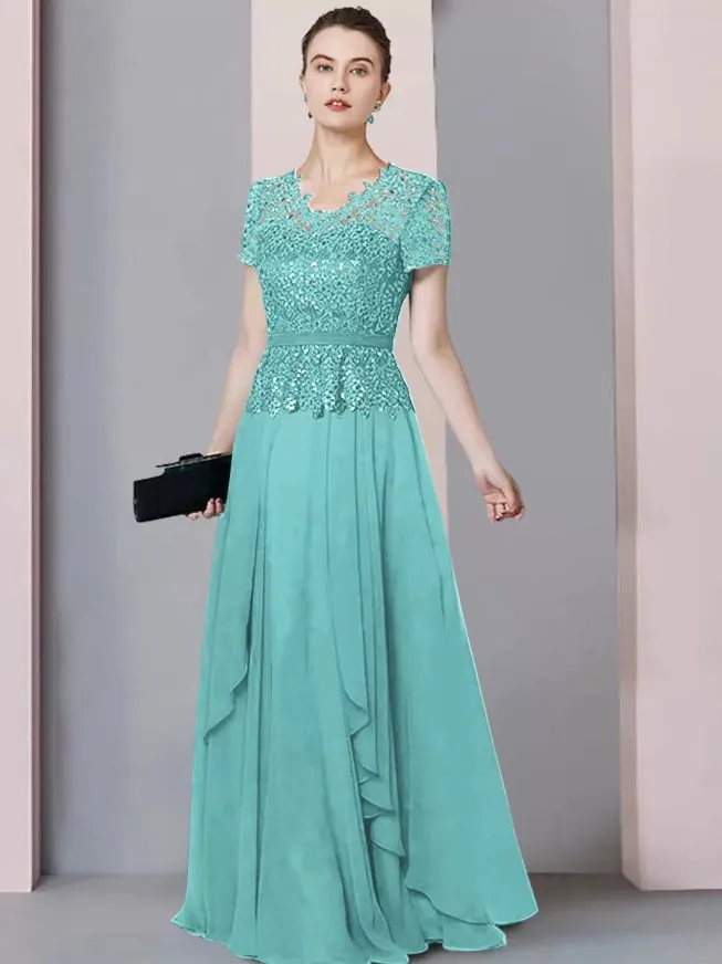 V-Neck Short Sleeves A-Line Lace Floor-Length Wedding Guest Dresses Mother of the Bride Dresse