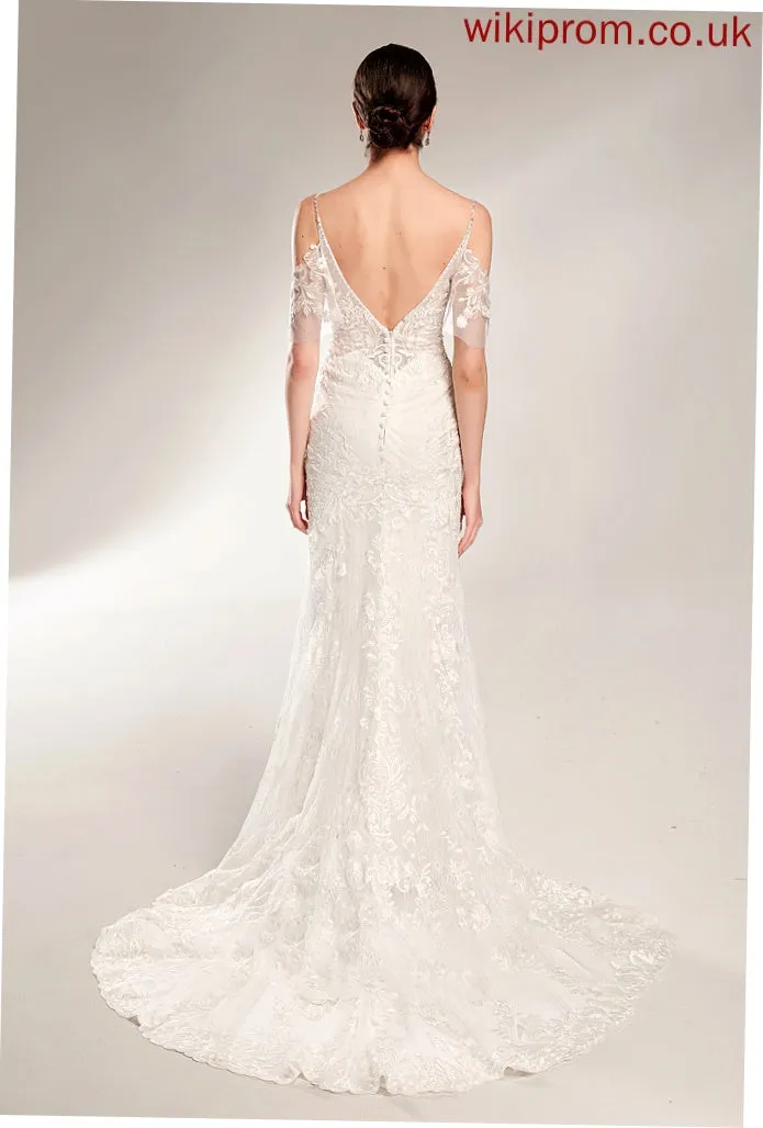 V-neck Trumpet/Mermaid Chapel Beading Sequins Dress Wedding Dresses Wedding With Train Emilie