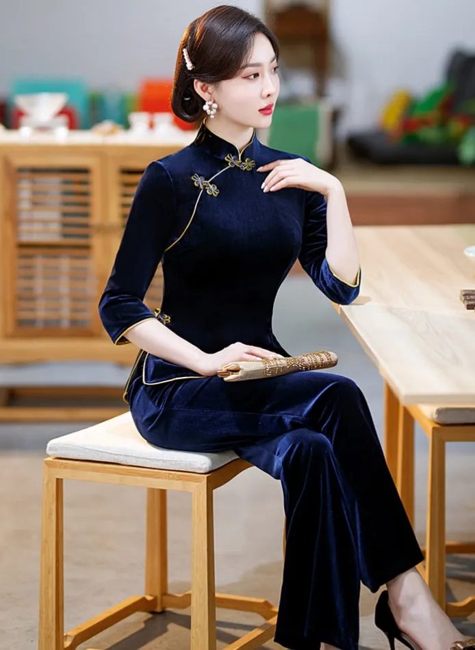 Velvet Cheongsam Top & Pants Chinese Style Women's Suit Plus Size