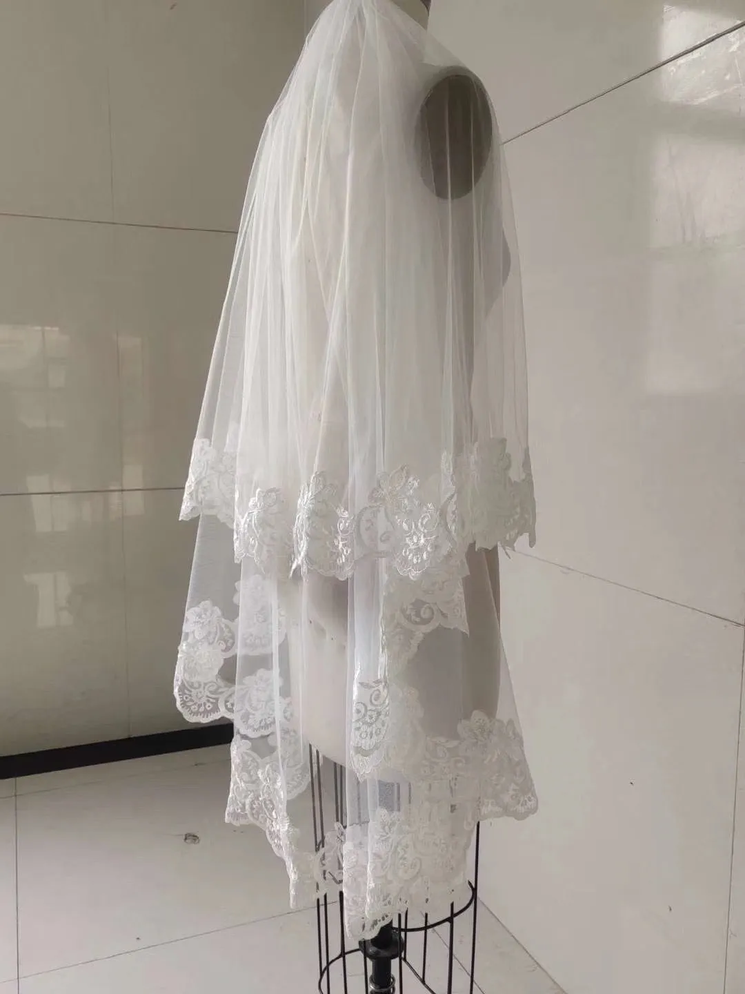 Venetian lace appliqués elbow length two layers face veil