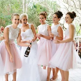 Vintage Pale Pink Lace Top Short Bridesmaid Dress with Tulle Skirt