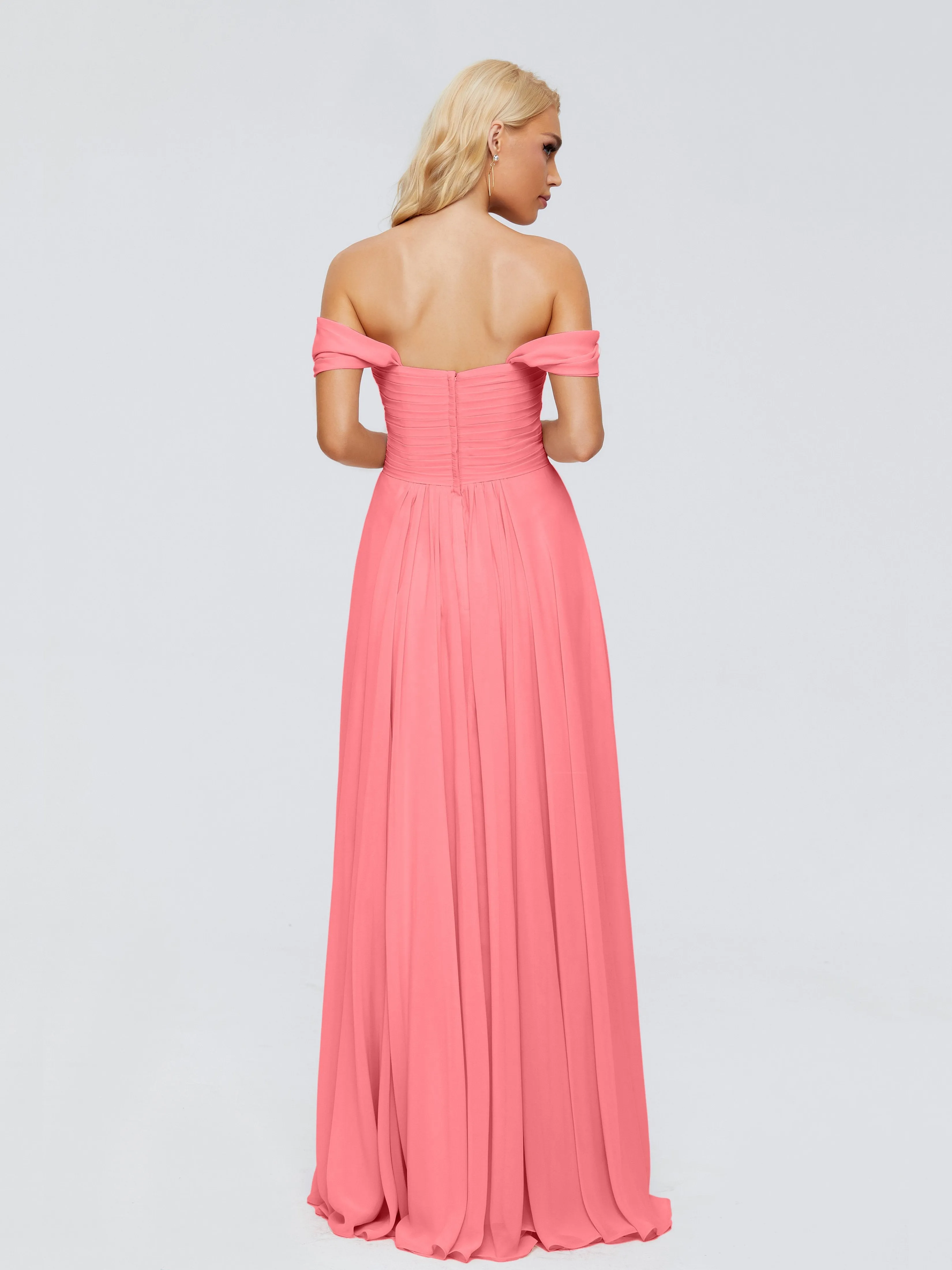Watermelon Bridesmaid Trinity Gorgeous Off The Shoulder Long Chiffon Bridesmaid Dresses