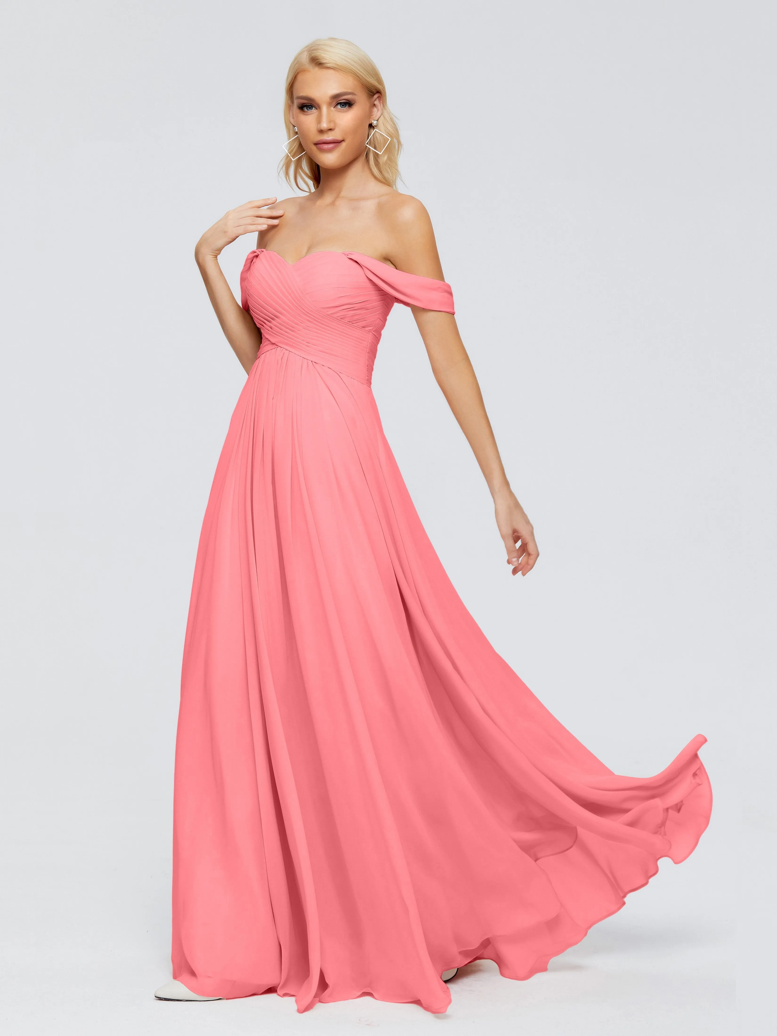 Watermelon Bridesmaid Trinity Gorgeous Off The Shoulder Long Chiffon Bridesmaid Dresses