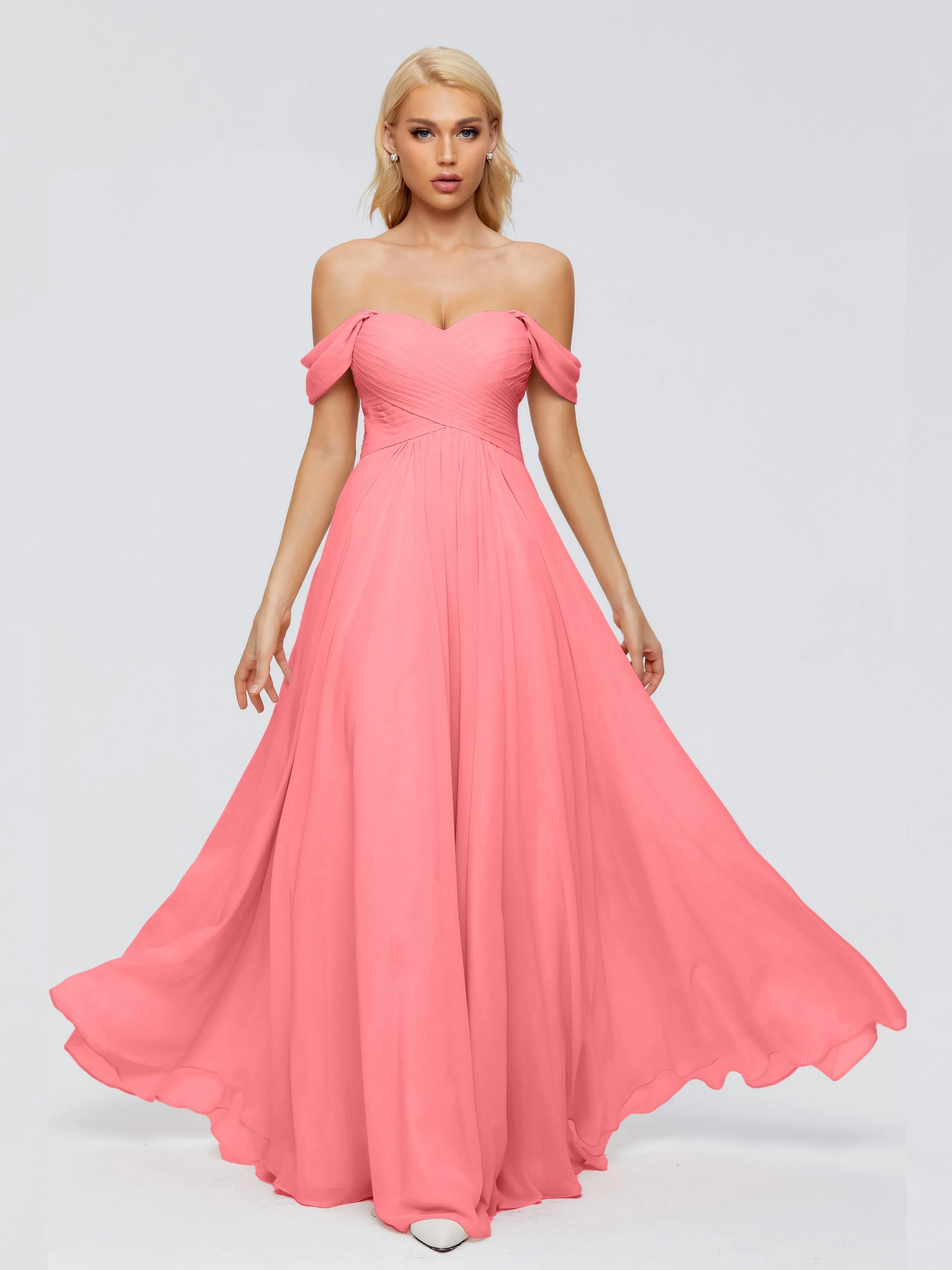 Watermelon Bridesmaid Trinity Gorgeous Off The Shoulder Long Chiffon Bridesmaid Dresses