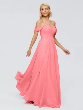 Watermelon Bridesmaid Trinity Gorgeous Off The Shoulder Long Chiffon Bridesmaid Dresses