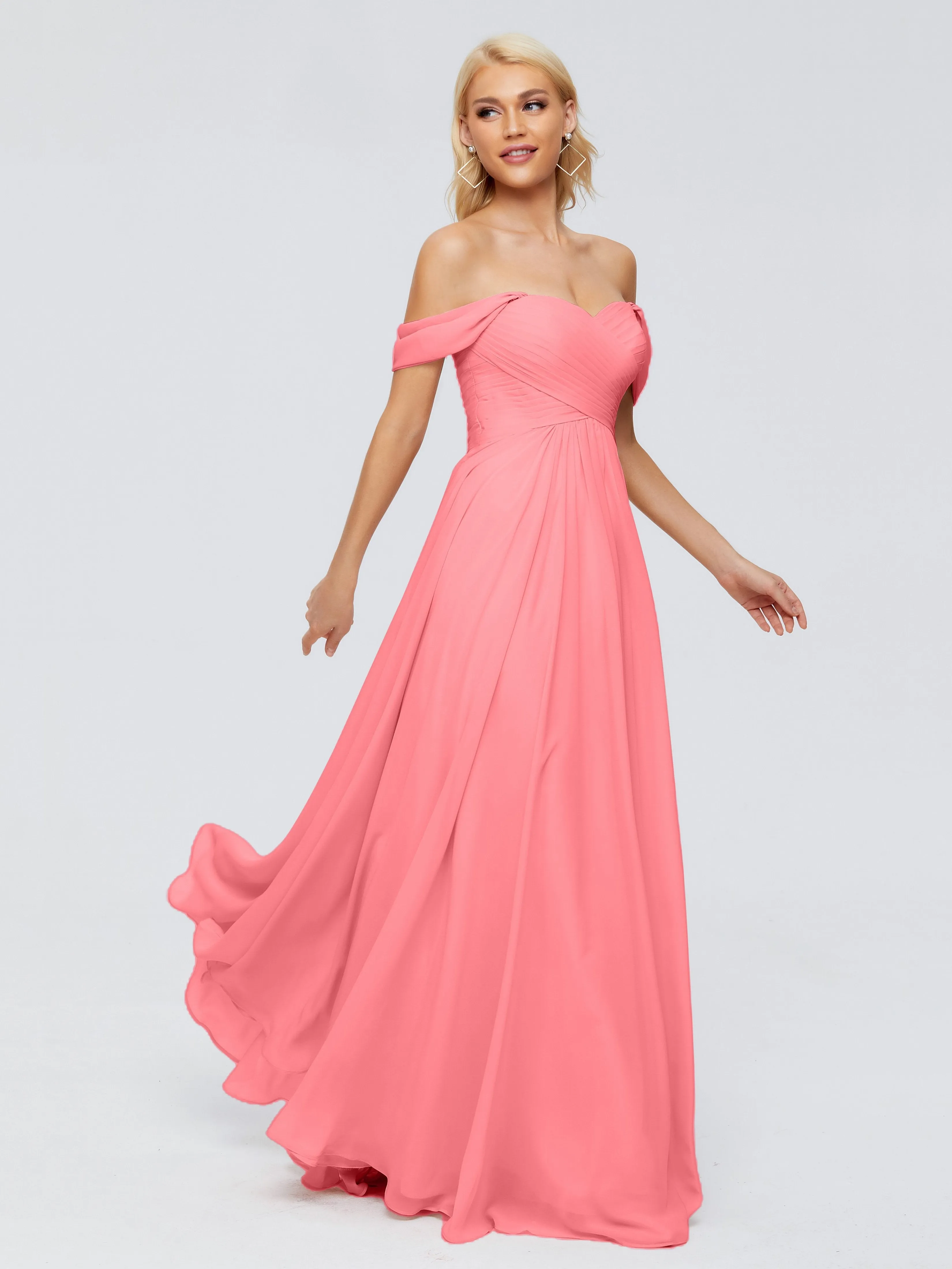 Watermelon Bridesmaid Trinity Gorgeous Off The Shoulder Long Chiffon Bridesmaid Dresses