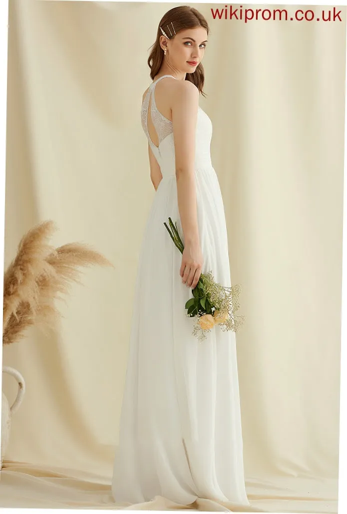 Wedding Wedding Dresses Scoop With Dress Lace Chiffon Floor-Length Front Split A-Line Neck Myah