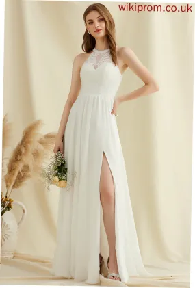 Wedding Wedding Dresses Scoop With Dress Lace Chiffon Floor-Length Front Split A-Line Neck Myah