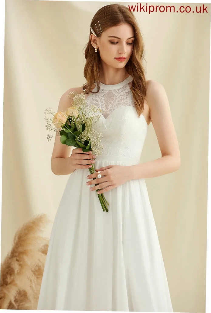 Wedding Wedding Dresses Scoop With Dress Lace Chiffon Floor-Length Front Split A-Line Neck Myah