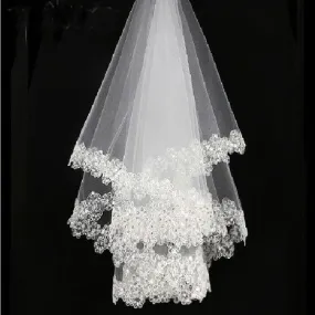 White Lace Edge White Tulle Short Bridal Wedding Veils One Tier Sequined 120cm