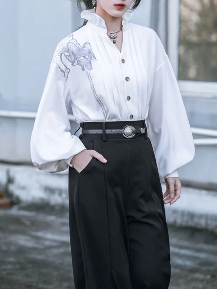 White Shirt with Chinese-Style Lace Collar