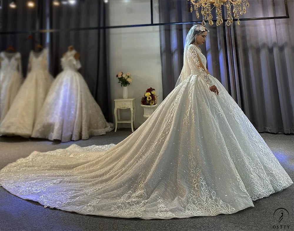 White V Neck Long Sleeves Full Beading Wedding Dress OS3943