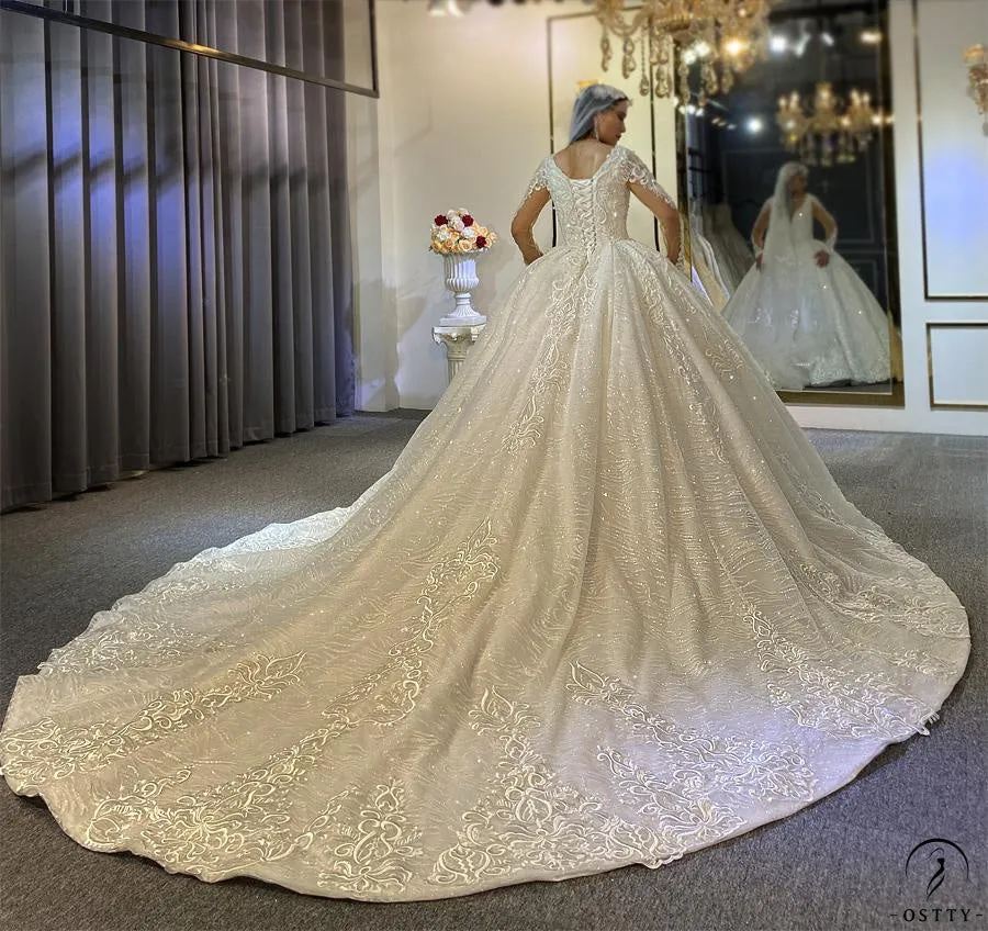 White V Neck Long Sleeves Full Beading Wedding Dress OS3943