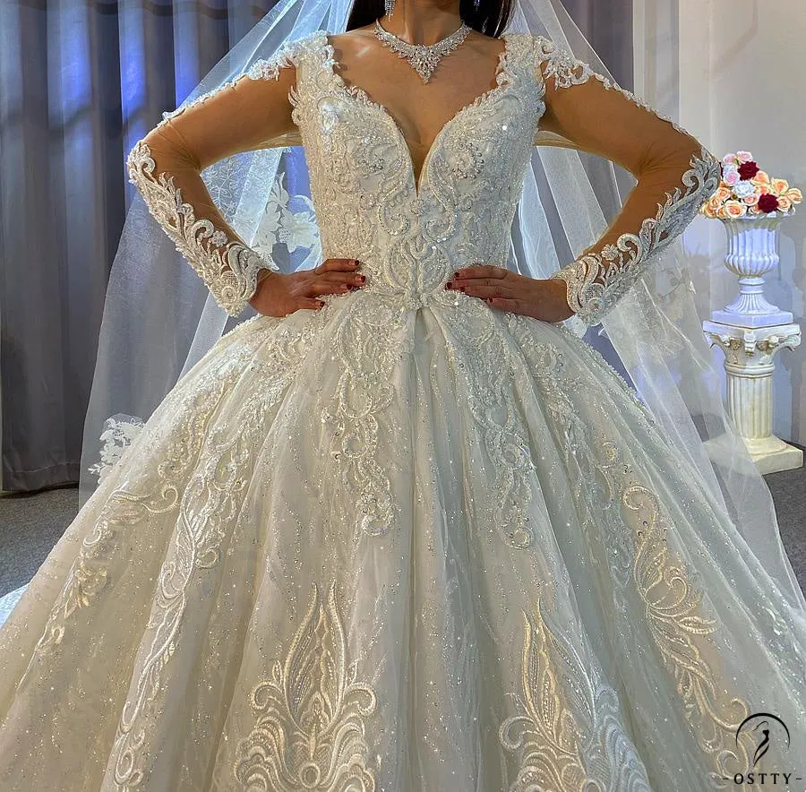 White V Neck Long Sleeves Full Beading Wedding Dress OS3943