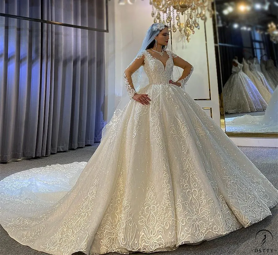 White V Neck Long Sleeves Full Beading Wedding Dress OS3943