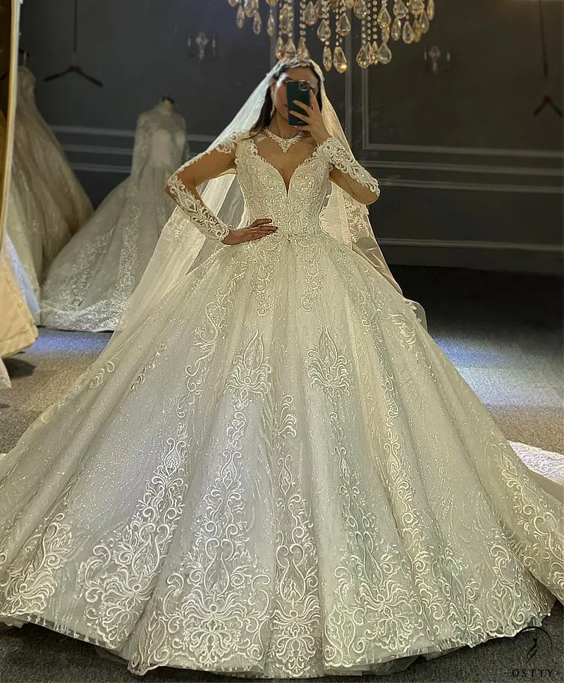 White V Neck Long Sleeves Full Beading Wedding Dress OS3943