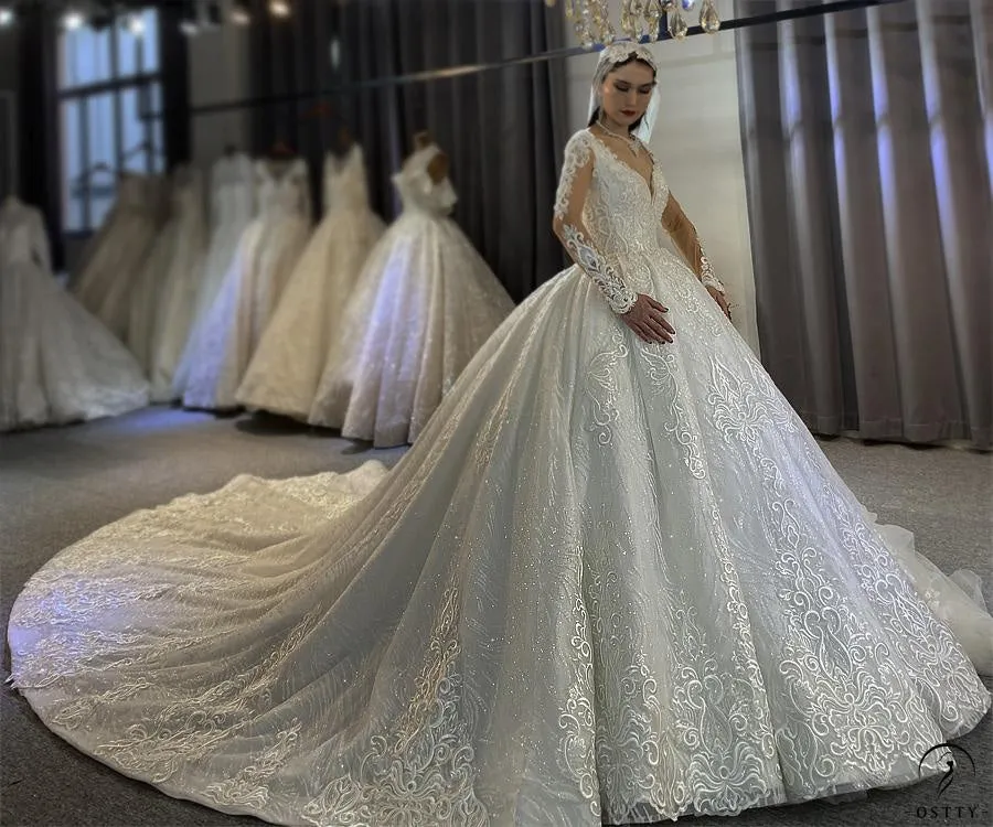 White V Neck Long Sleeves Full Beading Wedding Dress OS3943