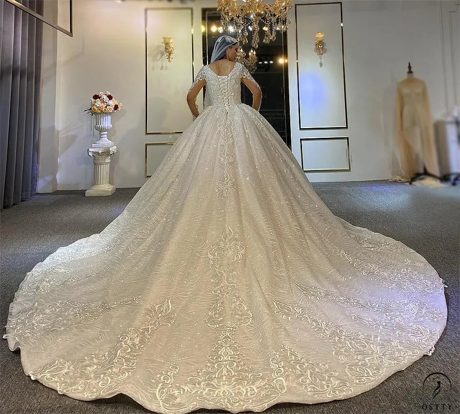 White V Neck Long Sleeves Full Beading Wedding Dress OS3943