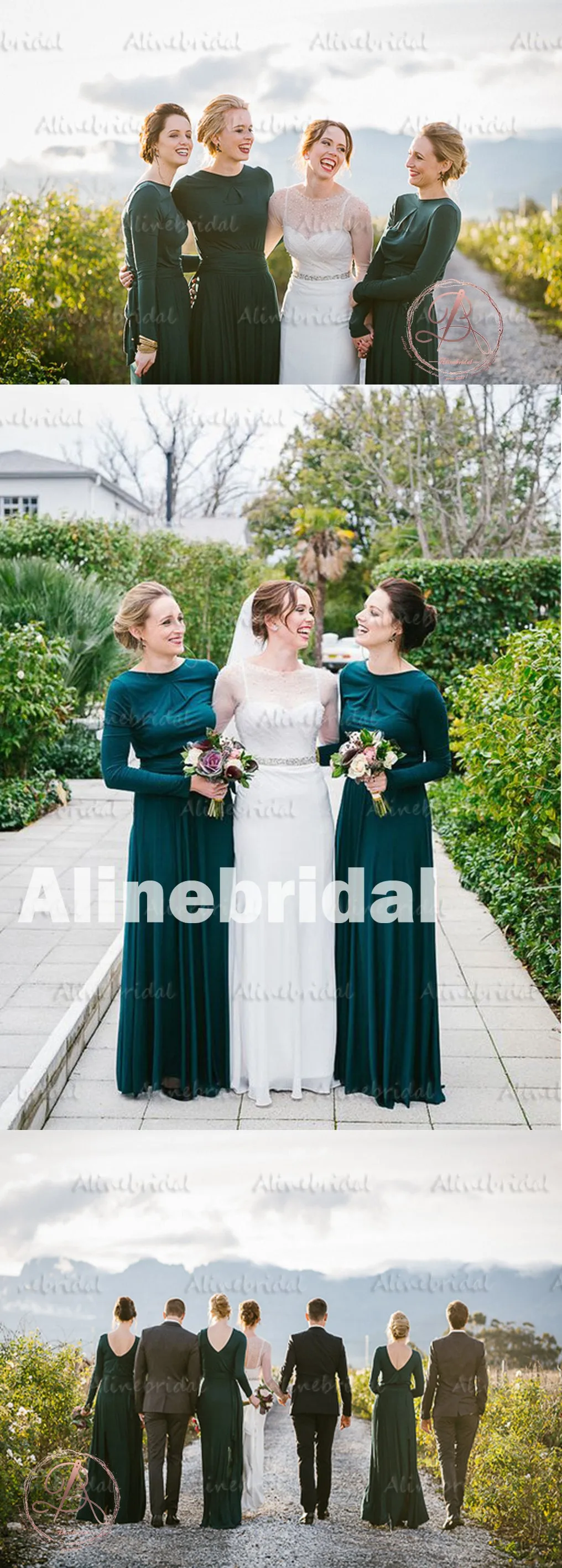 Winter Hot Sale Green Jersey Long Sleeve Round Neck Modest Long Bridesmaid Dress. AB1181