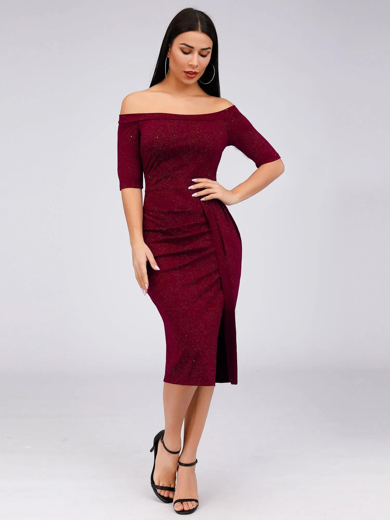 Women's Off Shoulder High Split Bodycon Knee-Length Cocktail Dress