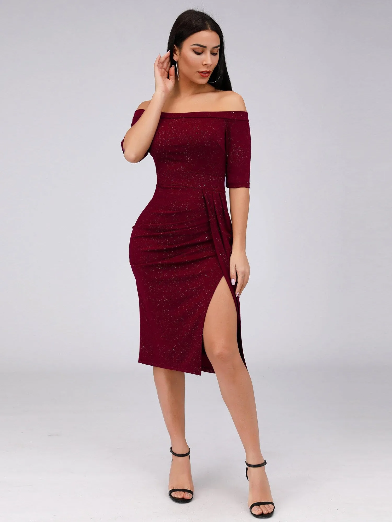 Women's Off Shoulder High Split Bodycon Knee-Length Cocktail Dress