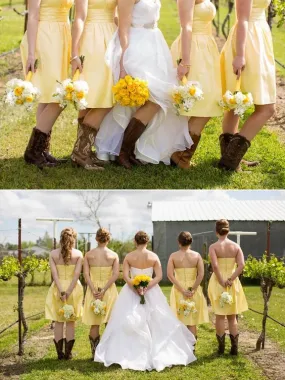 Yellow Country Style Short Strapless Bridesmaid Dresses with Boots